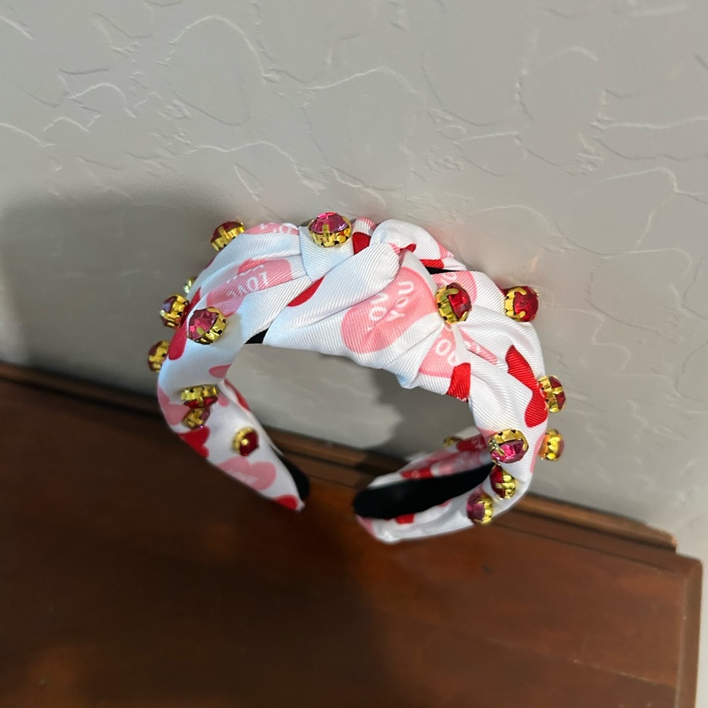 Braided Heart Print Headband with Gold Pink Gems